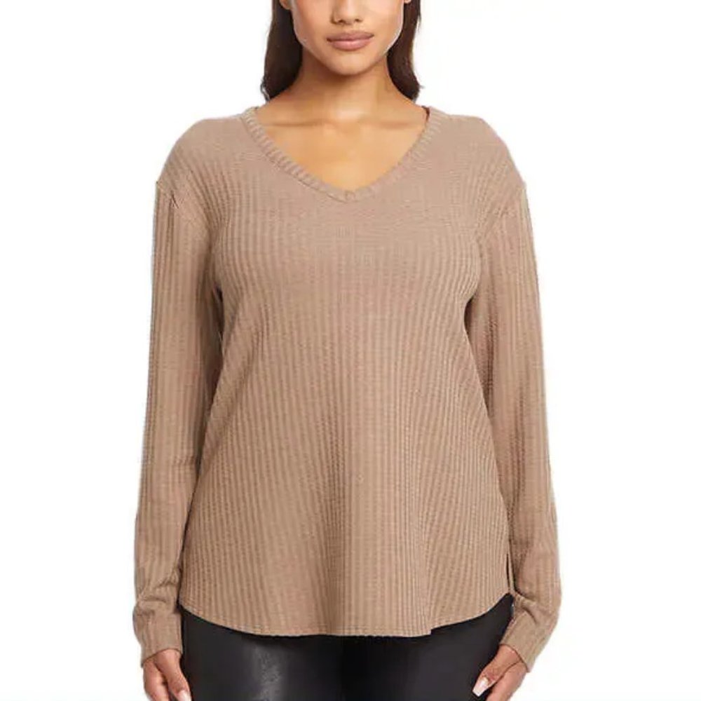 NWT Chaser Women's Long Sleeve Waffle Knit Thermal Top Tan Size M $60 1A024